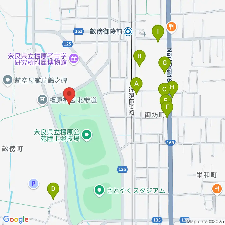 ジェイテクトアリーナ奈良周辺のファミレス・ファーストフード一覧地図