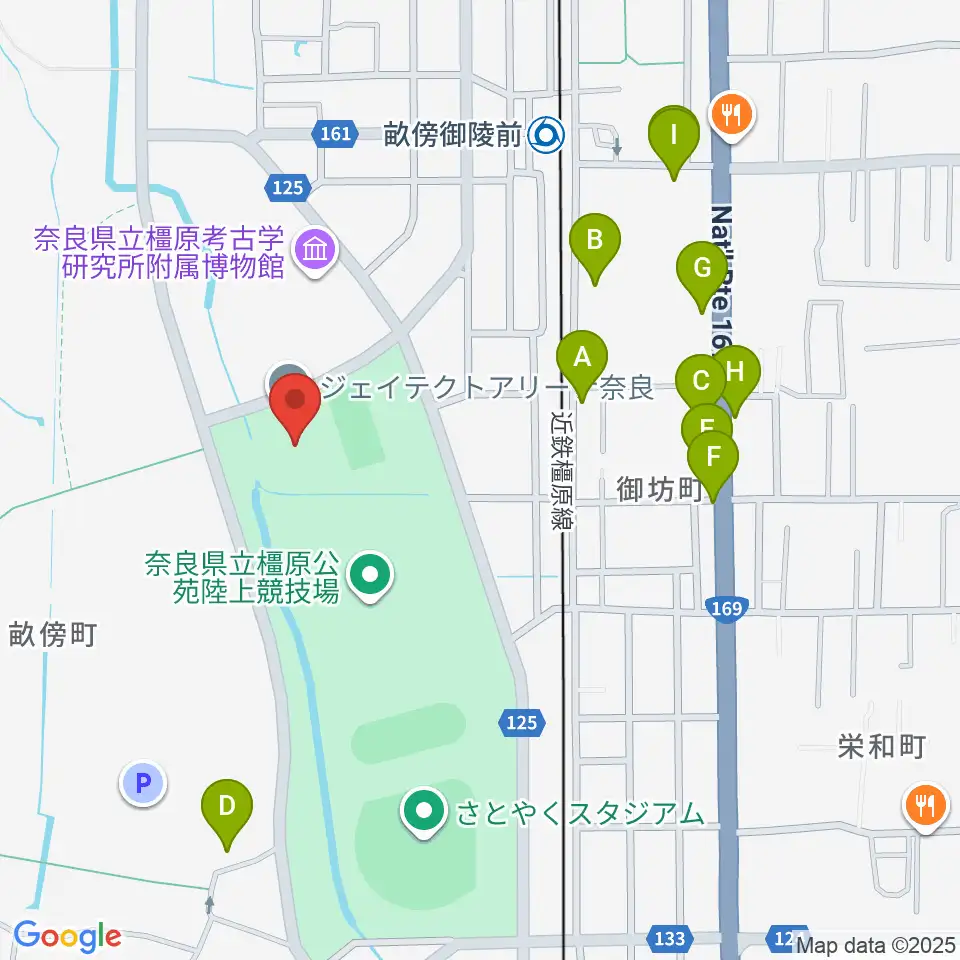 ジェイテクトアリーナ奈良周辺のファミレス・ファーストフード一覧地図