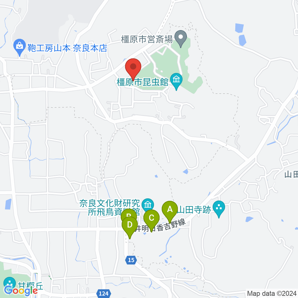 橿原市香久山体育館周辺のファミレス・ファーストフード一覧地図