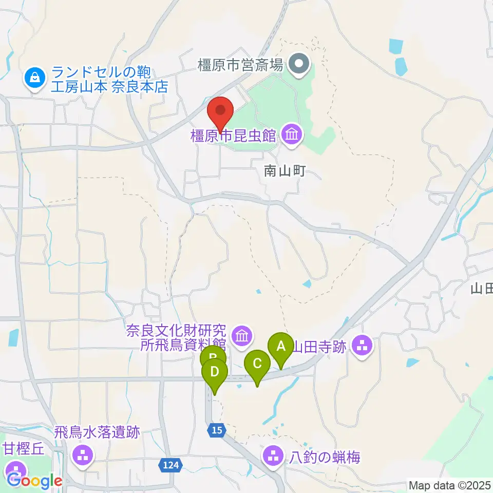 橿原市香久山体育館周辺のファミレス・ファーストフード一覧地図
