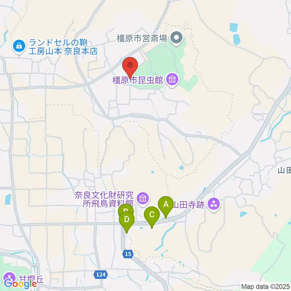橿原市香久山体育館周辺のファミレス・ファーストフード一覧地図