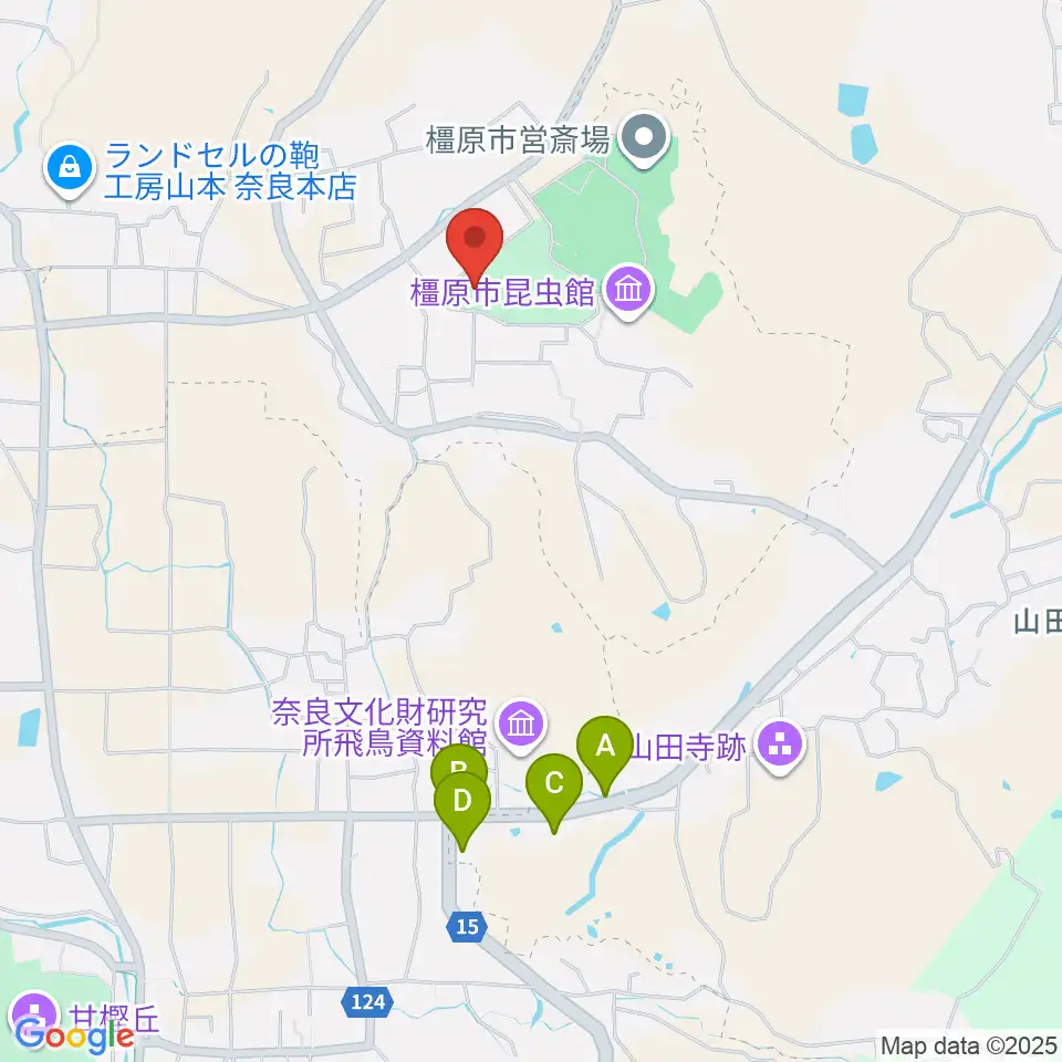 橿原市香久山体育館周辺のファミレス・ファーストフード一覧地図