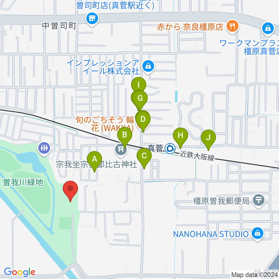 曽我川緑地体育館周辺のファミレス・ファーストフード一覧地図