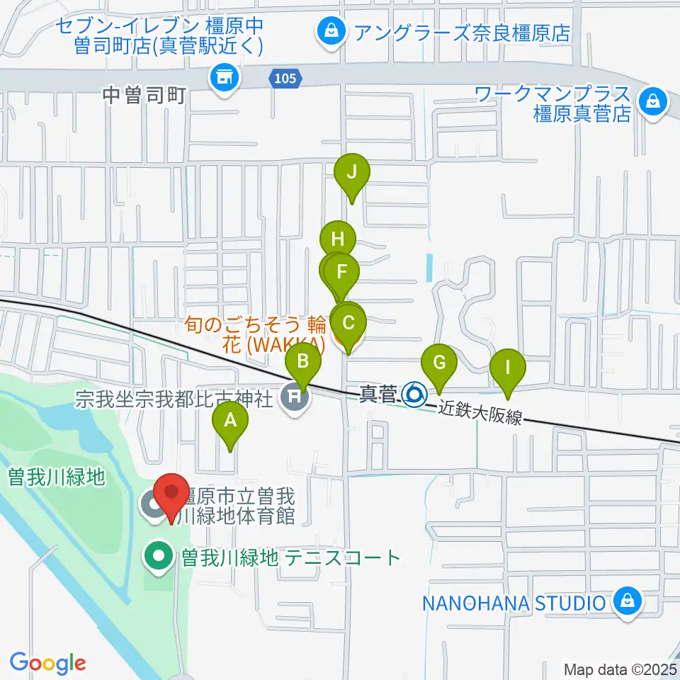 曽我川緑地体育館周辺のファミレス・ファーストフード一覧地図