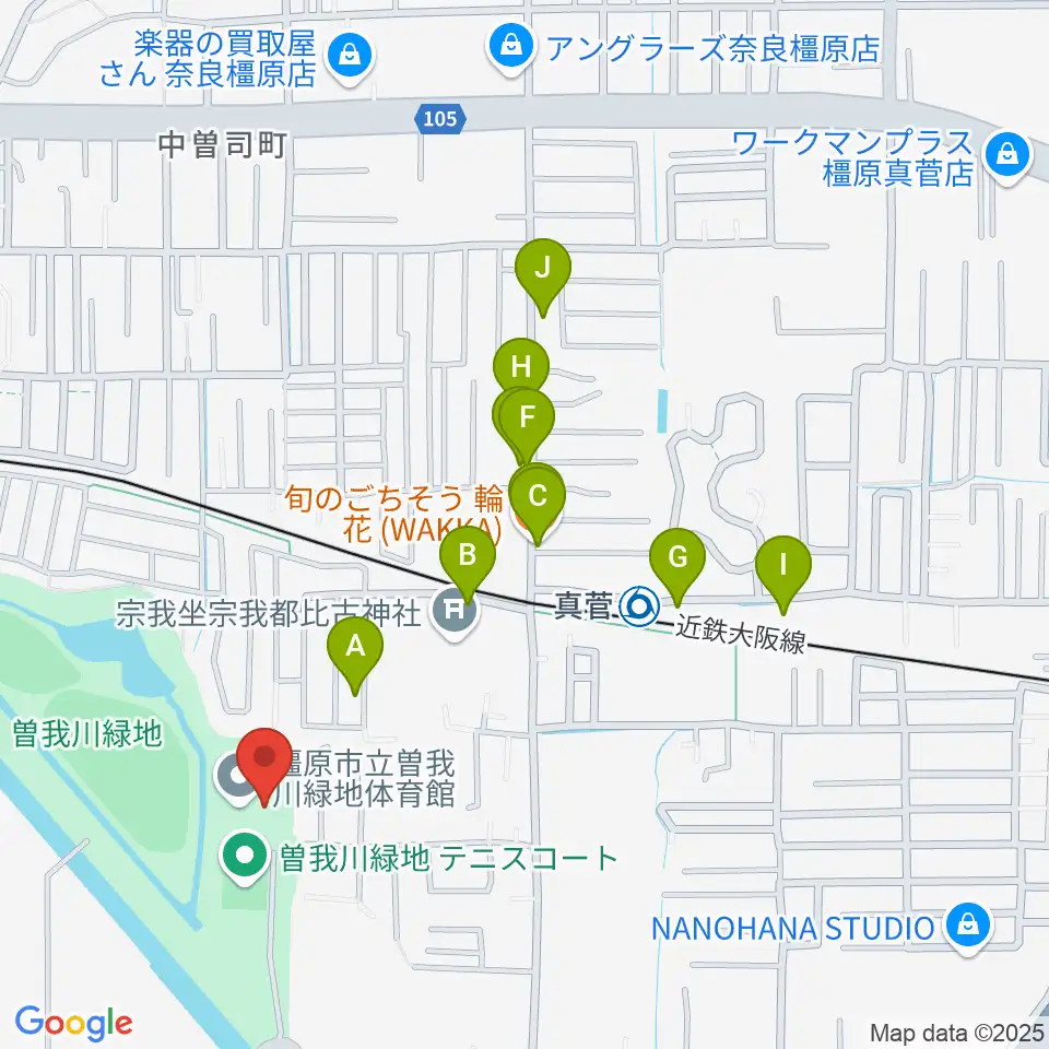 曽我川緑地体育館周辺のファミレス・ファーストフード一覧地図