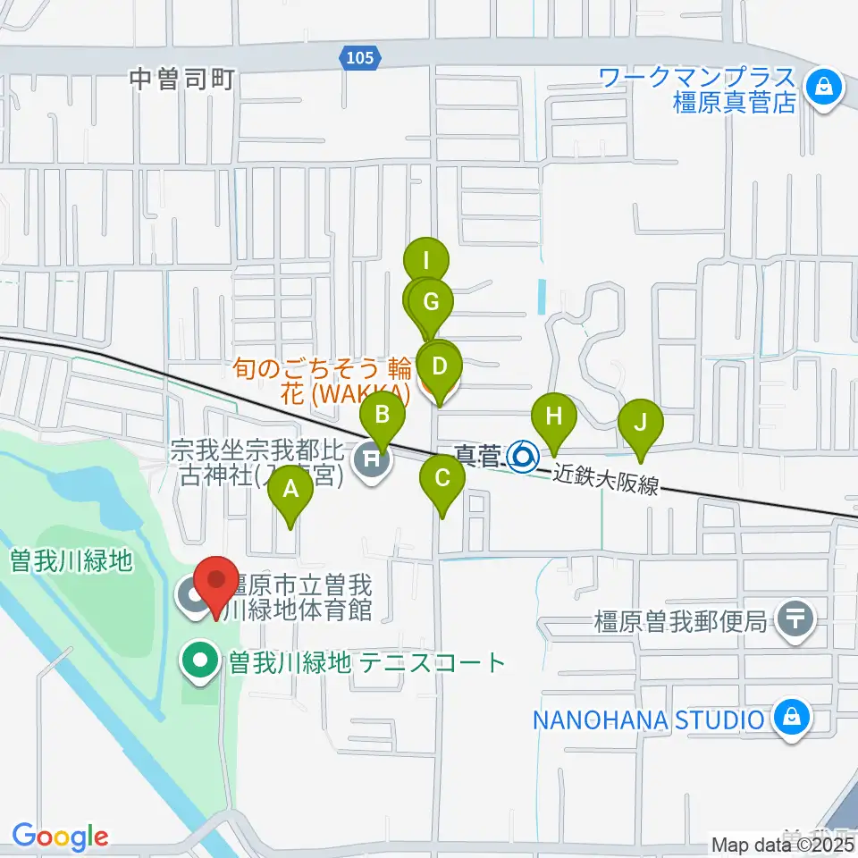 曽我川緑地体育館周辺のファミレス・ファーストフード一覧地図