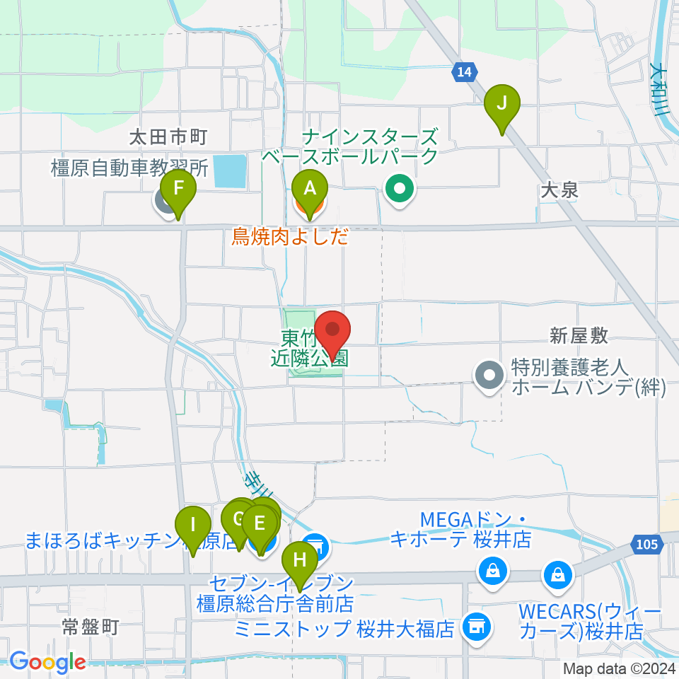 橿原市ひがしたけだドーム周辺のファミレス・ファーストフード一覧地図