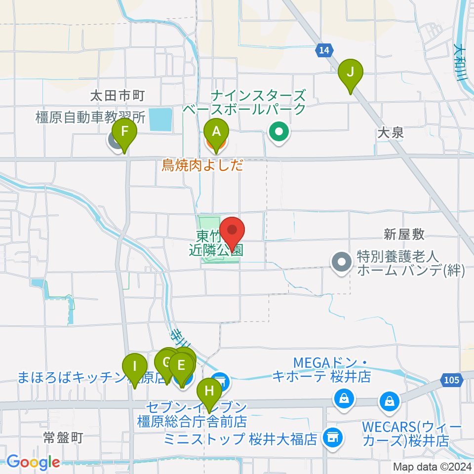 橿原市ひがしたけだドーム周辺のファミレス・ファーストフード一覧地図