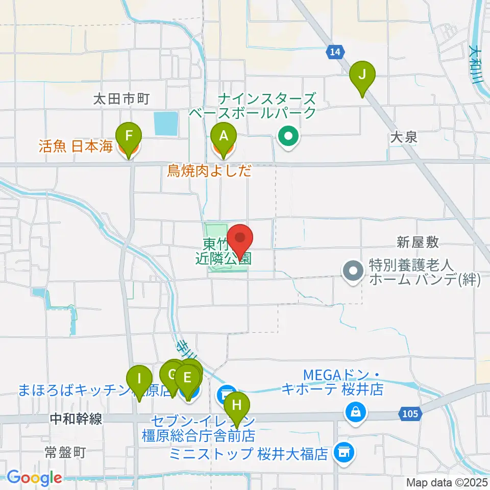 橿原市ひがしたけだドーム周辺のファミレス・ファーストフード一覧地図