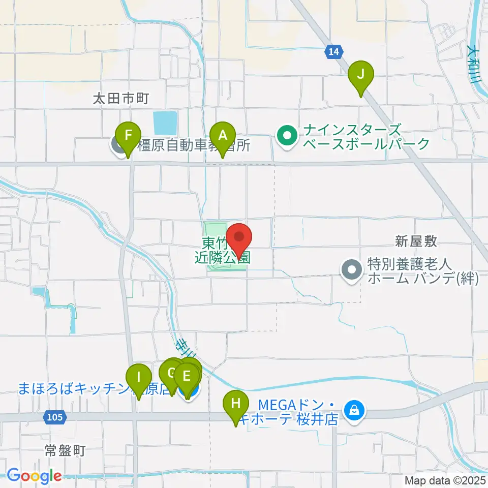橿原市ひがしたけだドーム周辺のファミレス・ファーストフード一覧地図