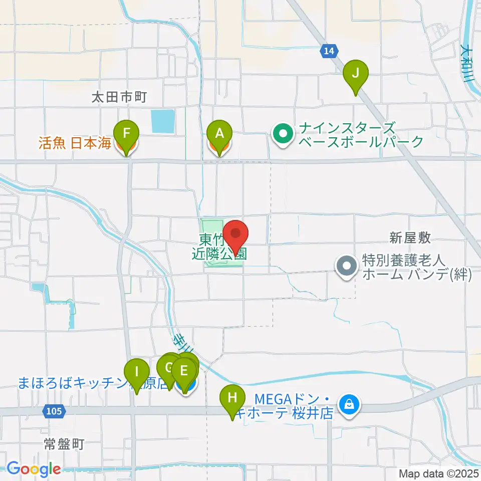 橿原市ひがしたけだドーム周辺のファミレス・ファーストフード一覧地図