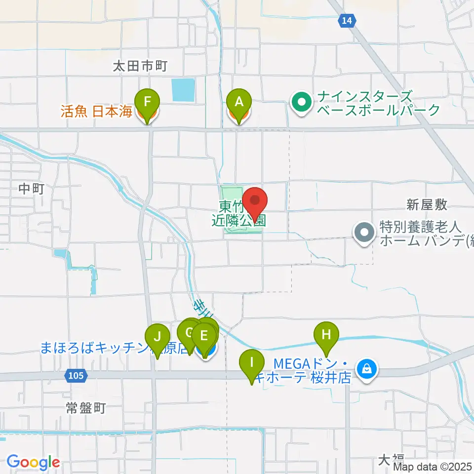 橿原市ひがしたけだドーム周辺のファミレス・ファーストフード一覧地図