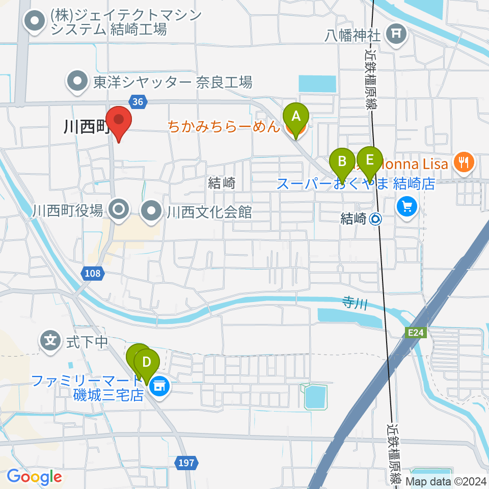 川西町中央体育館周辺のファミレス・ファーストフード一覧地図