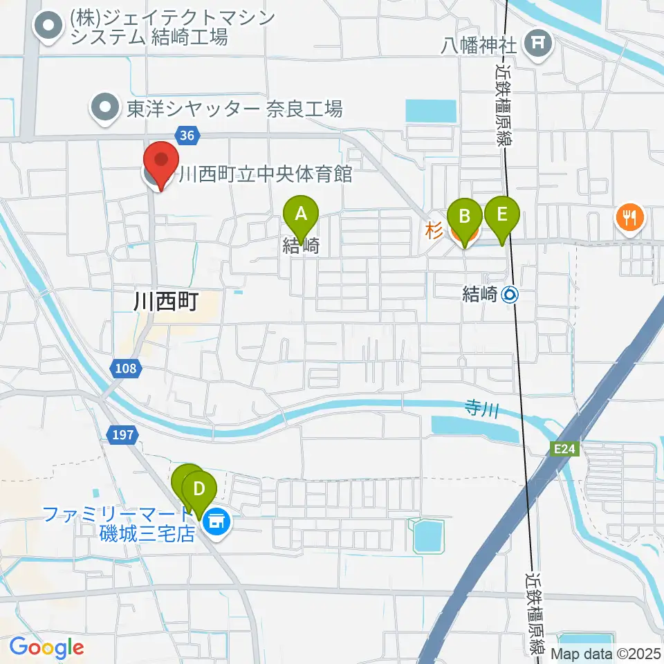 川西町中央体育館周辺のファミレス・ファーストフード一覧地図