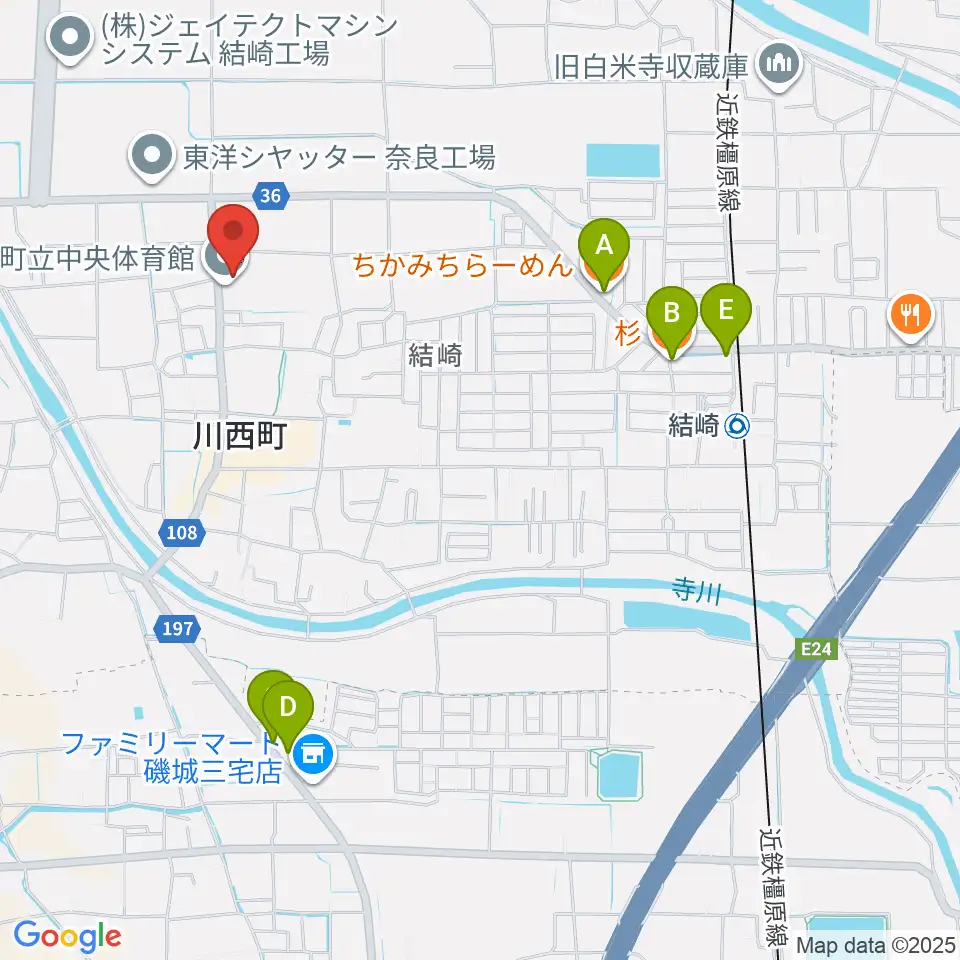 川西町中央体育館周辺のファミレス・ファーストフード一覧地図