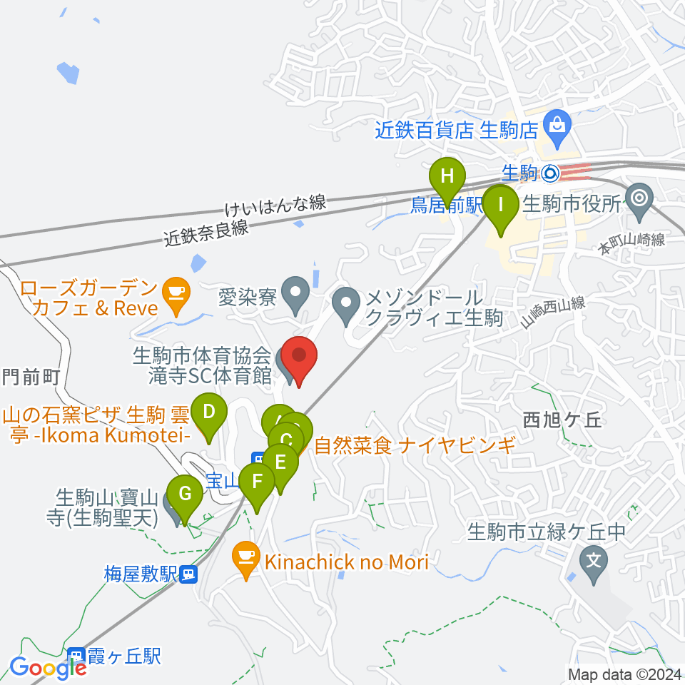 生駒市体育協会滝寺S.C.体育館周辺のファミレス・ファーストフード一覧地図