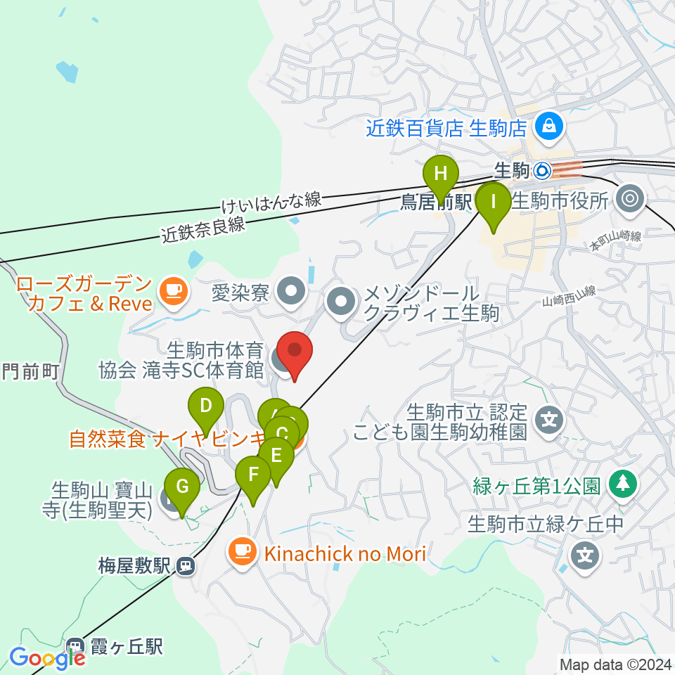 生駒市体育協会滝寺S.C.体育館周辺のファミレス・ファーストフード一覧地図