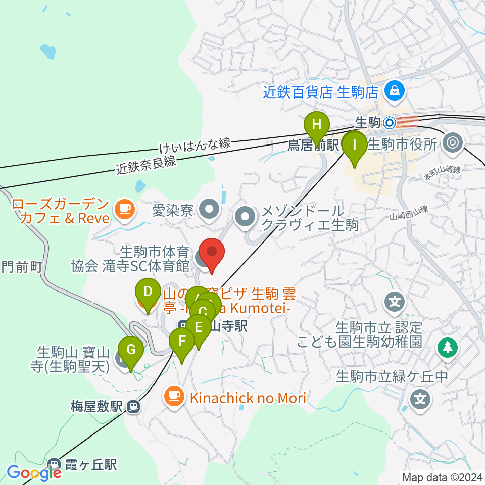 生駒市体育協会滝寺S.C.体育館周辺のファミレス・ファーストフード一覧地図