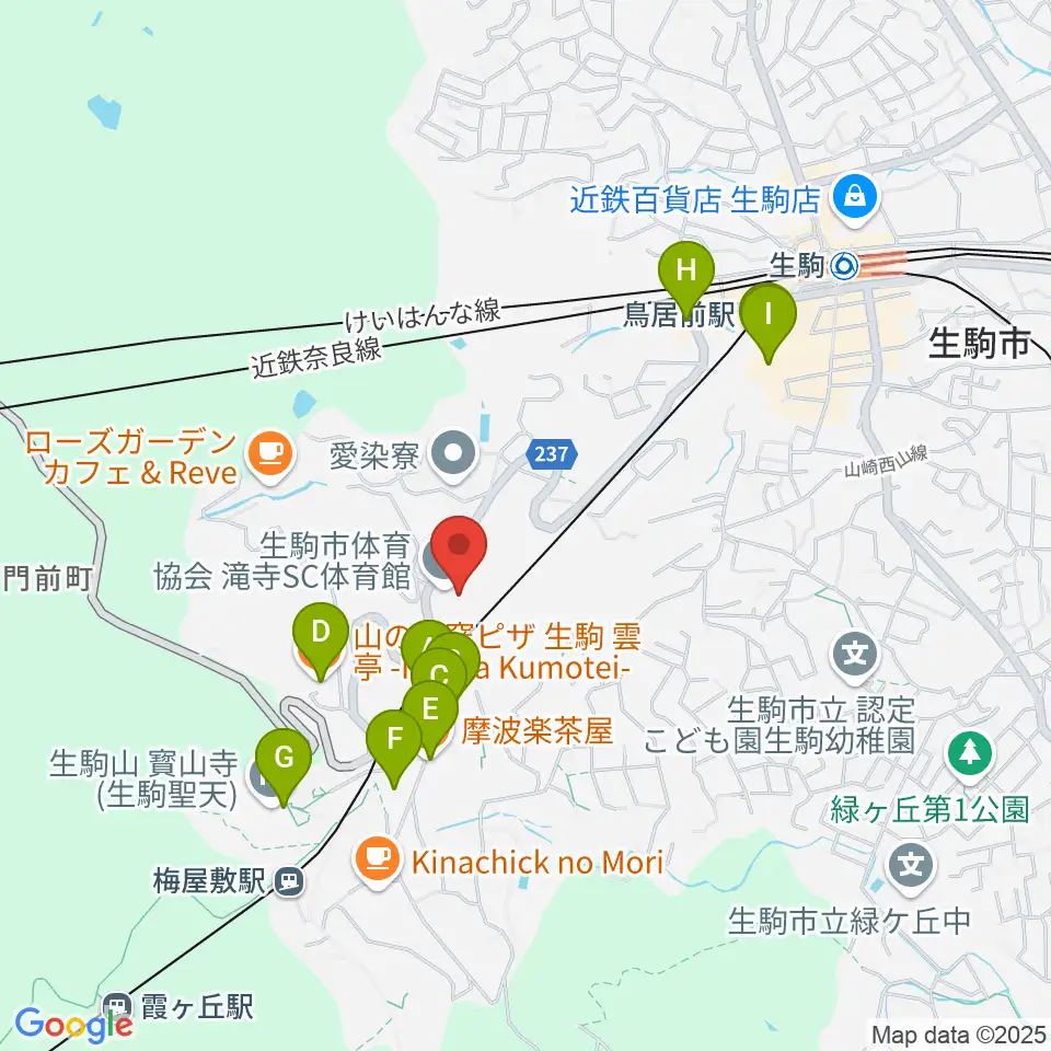 生駒市体育協会滝寺S.C.体育館周辺のファミレス・ファーストフード一覧地図