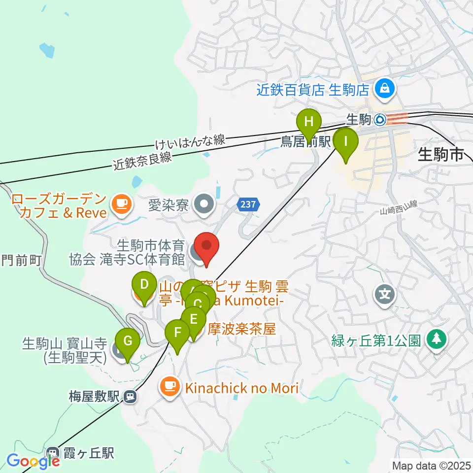 生駒市体育協会滝寺S.C.体育館周辺のファミレス・ファーストフード一覧地図