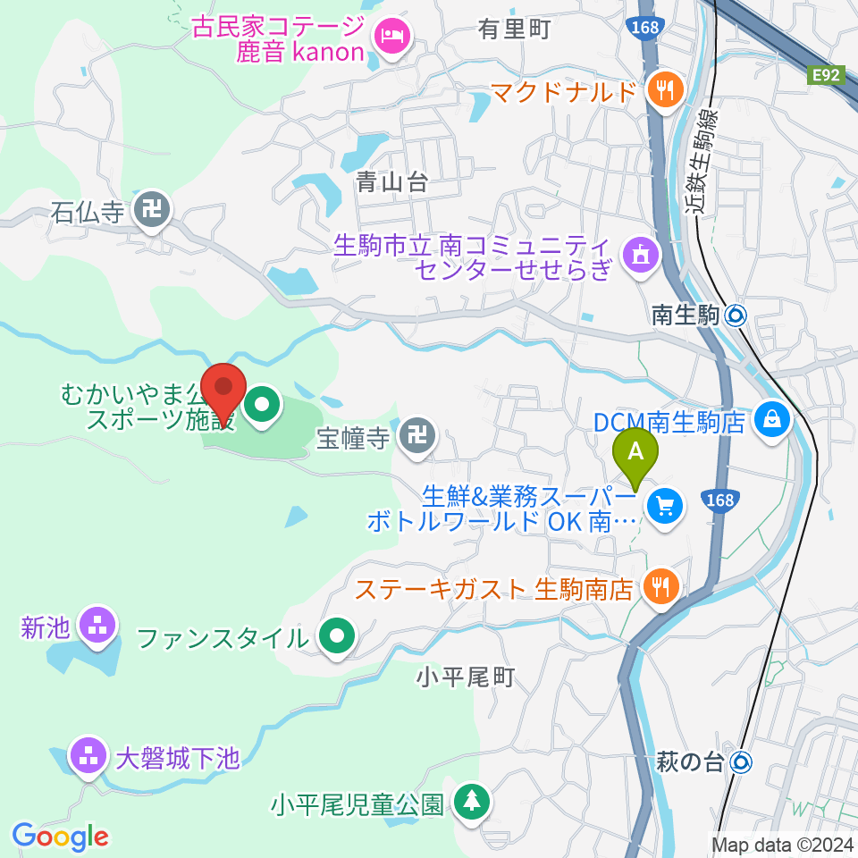 むかいやま公園体育館周辺のファミレス・ファーストフード一覧地図