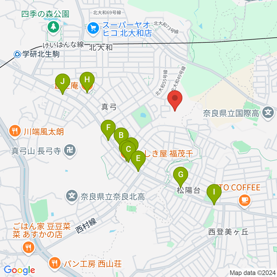 北大和体育施設体育館周辺のファミレス・ファーストフード一覧地図