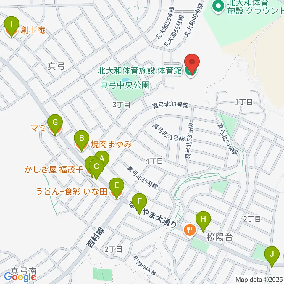 北大和体育施設体育館周辺のファミレス・ファーストフード一覧地図