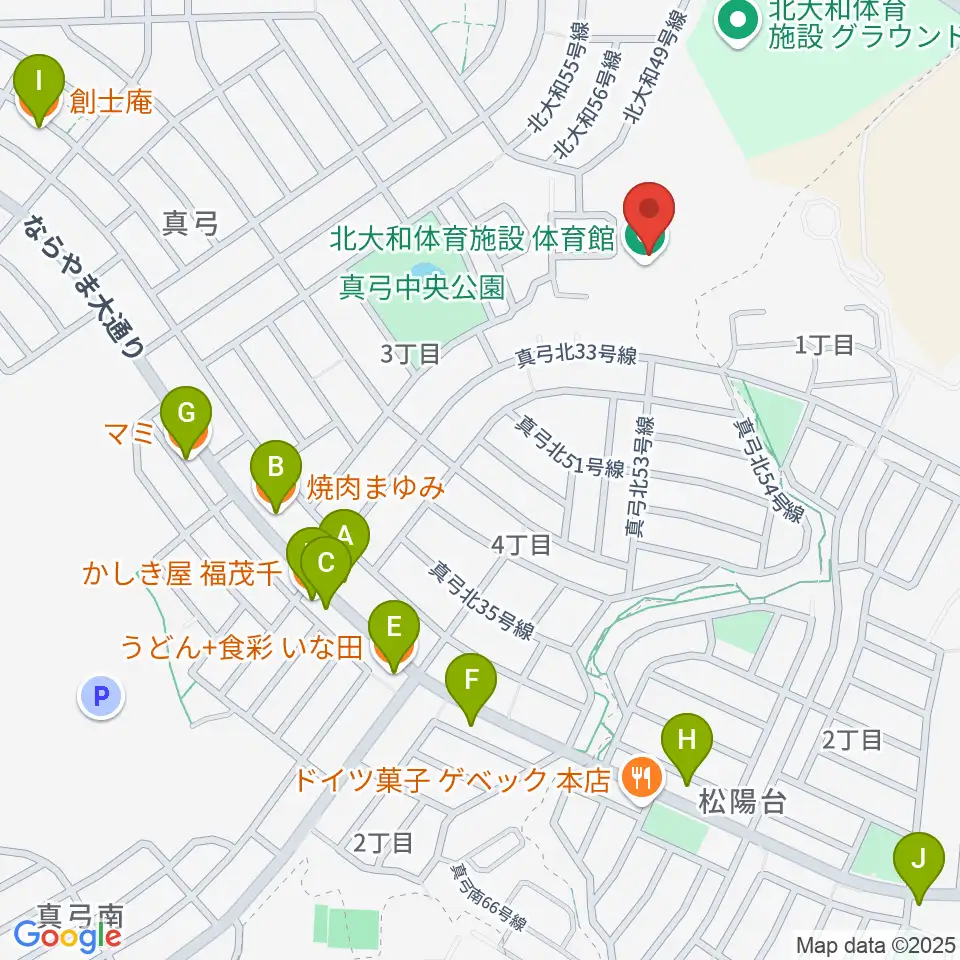 北大和体育施設体育館周辺のファミレス・ファーストフード一覧地図