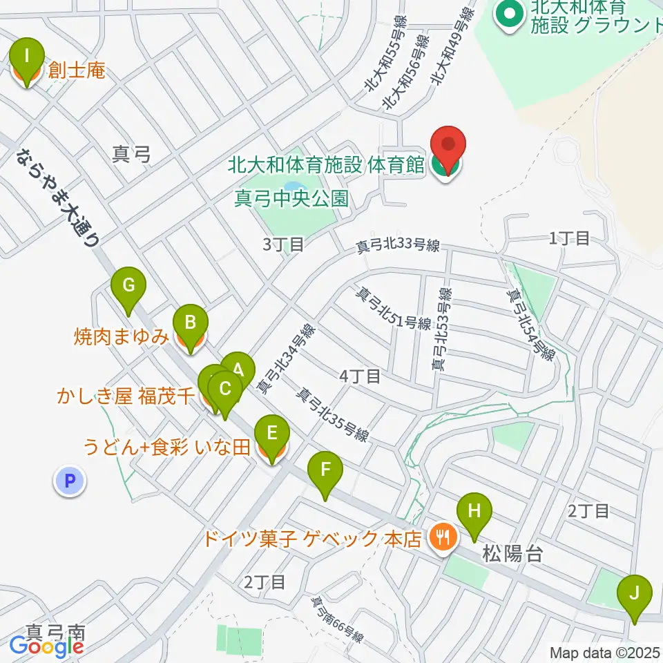 北大和体育施設体育館周辺のファミレス・ファーストフード一覧地図