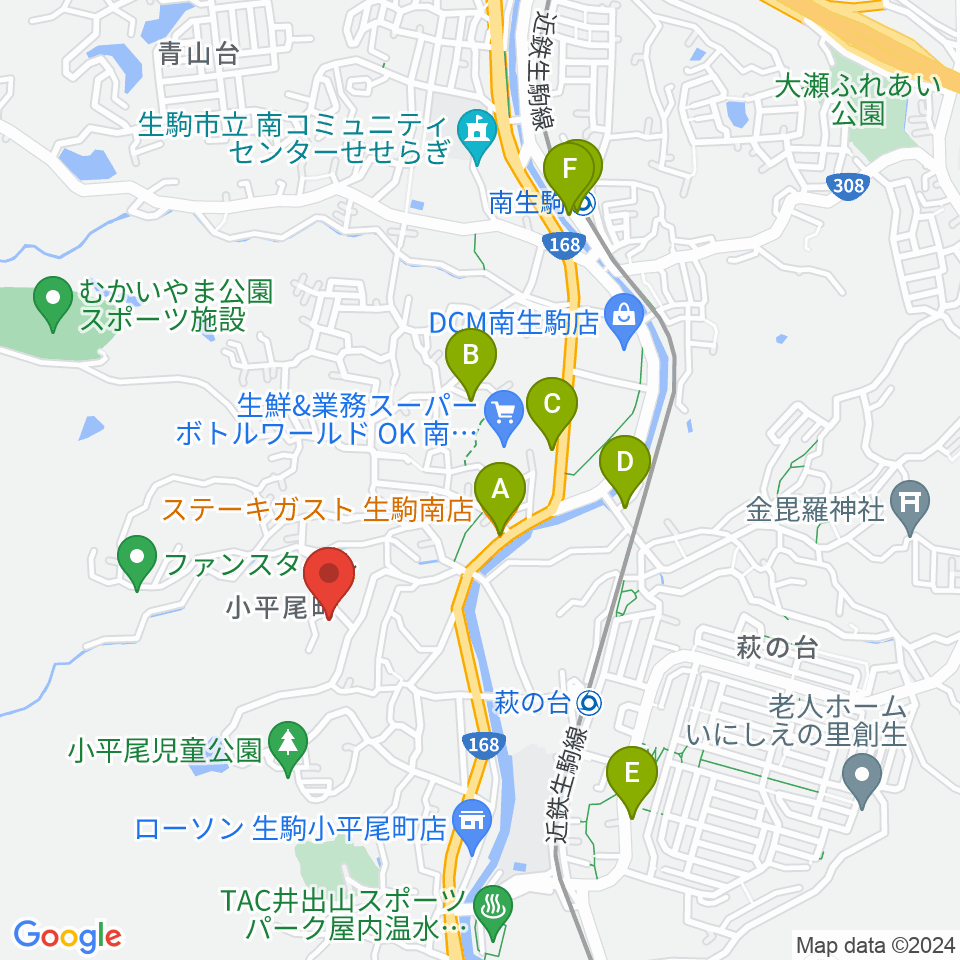 生駒市立小平尾南体育館周辺のファミレス・ファーストフード一覧地図