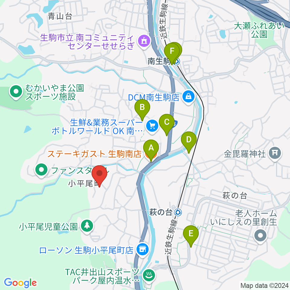 生駒市立小平尾南体育館周辺のファミレス・ファーストフード一覧地図