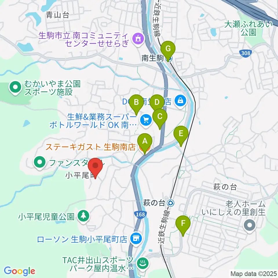 生駒市立小平尾南体育館周辺のファミレス・ファーストフード一覧地図