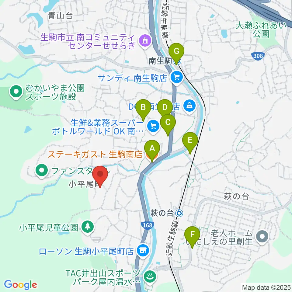 生駒市立小平尾南体育館周辺のファミレス・ファーストフード一覧地図