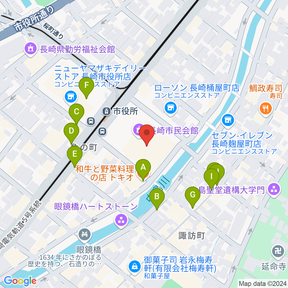 長崎市民体育館 周辺のファミレス・ファーストフード一覧地図