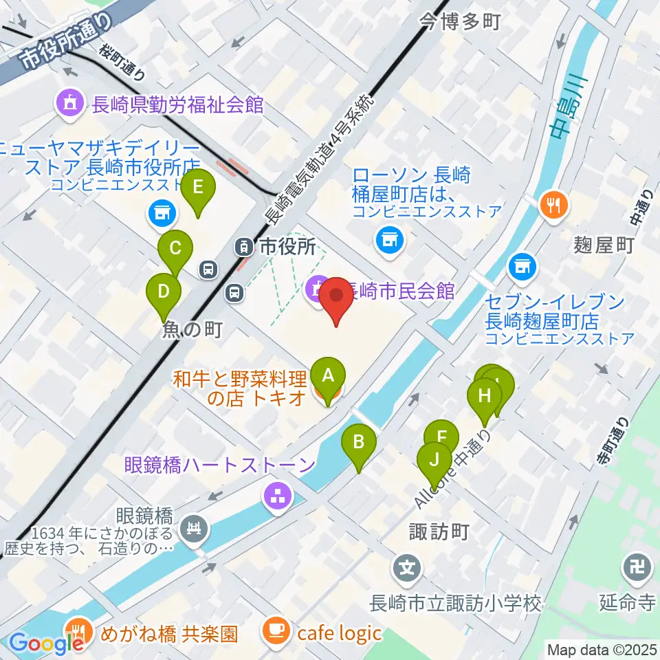 長崎市民体育館 周辺のファミレス・ファーストフード一覧地図