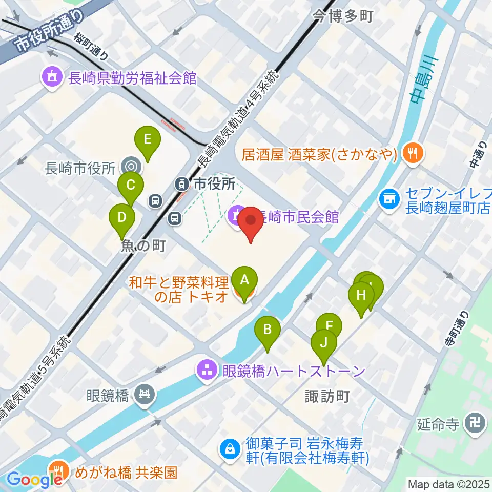長崎市民体育館 周辺のファミレス・ファーストフード一覧地図