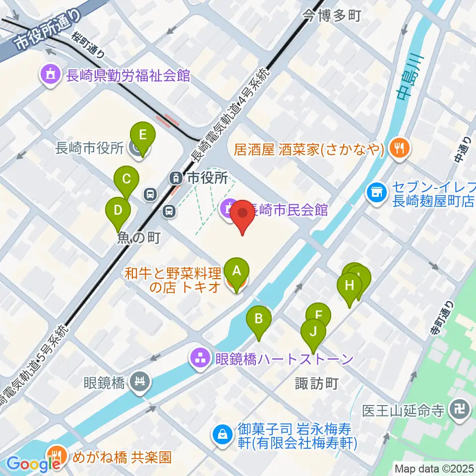 長崎市民体育館 周辺のファミレス・ファーストフード一覧地図