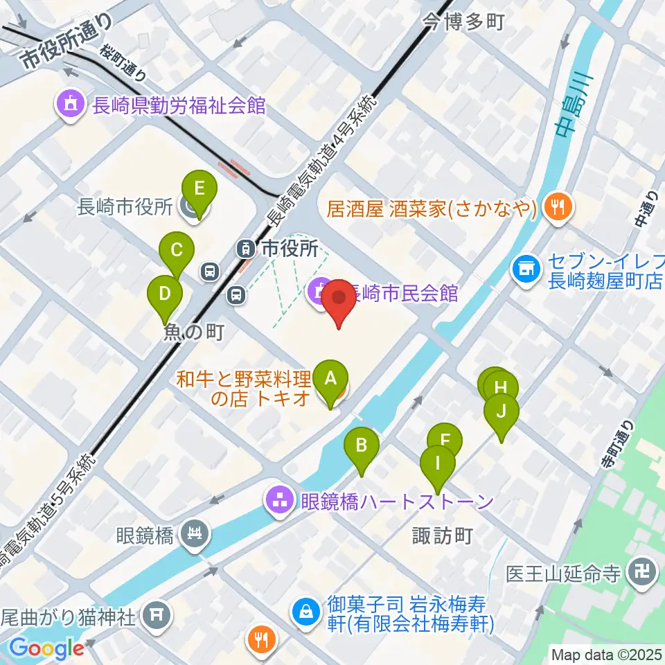 長崎市民体育館 周辺のファミレス・ファーストフード一覧地図