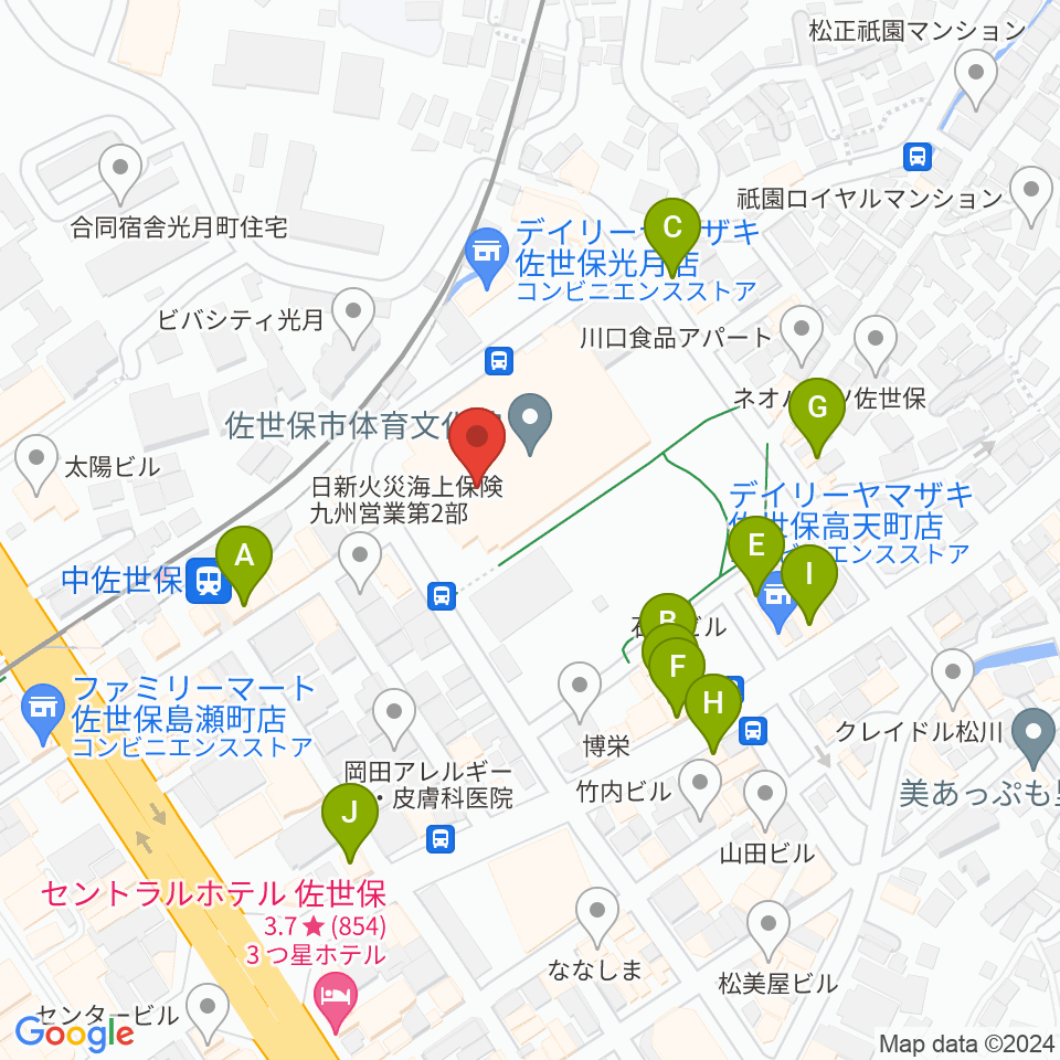 佐世保市体育文化館周辺のファミレス・ファーストフード一覧地図