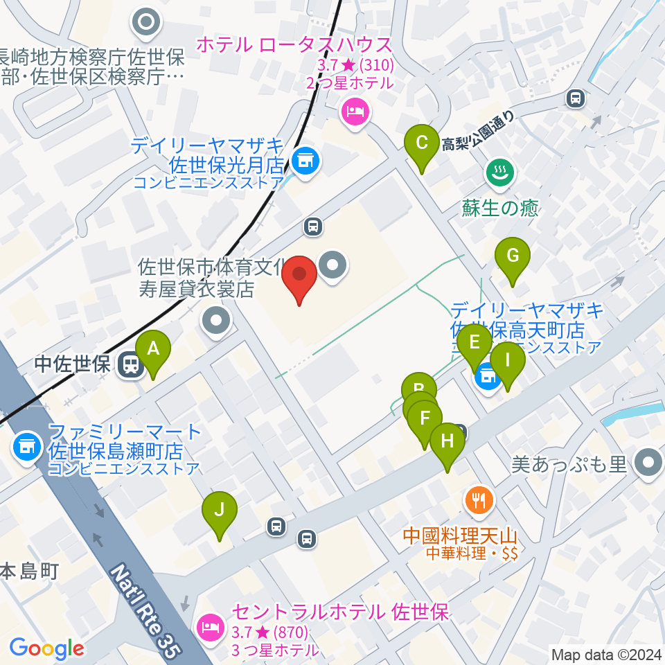 佐世保市体育文化館周辺のファミレス・ファーストフード一覧地図