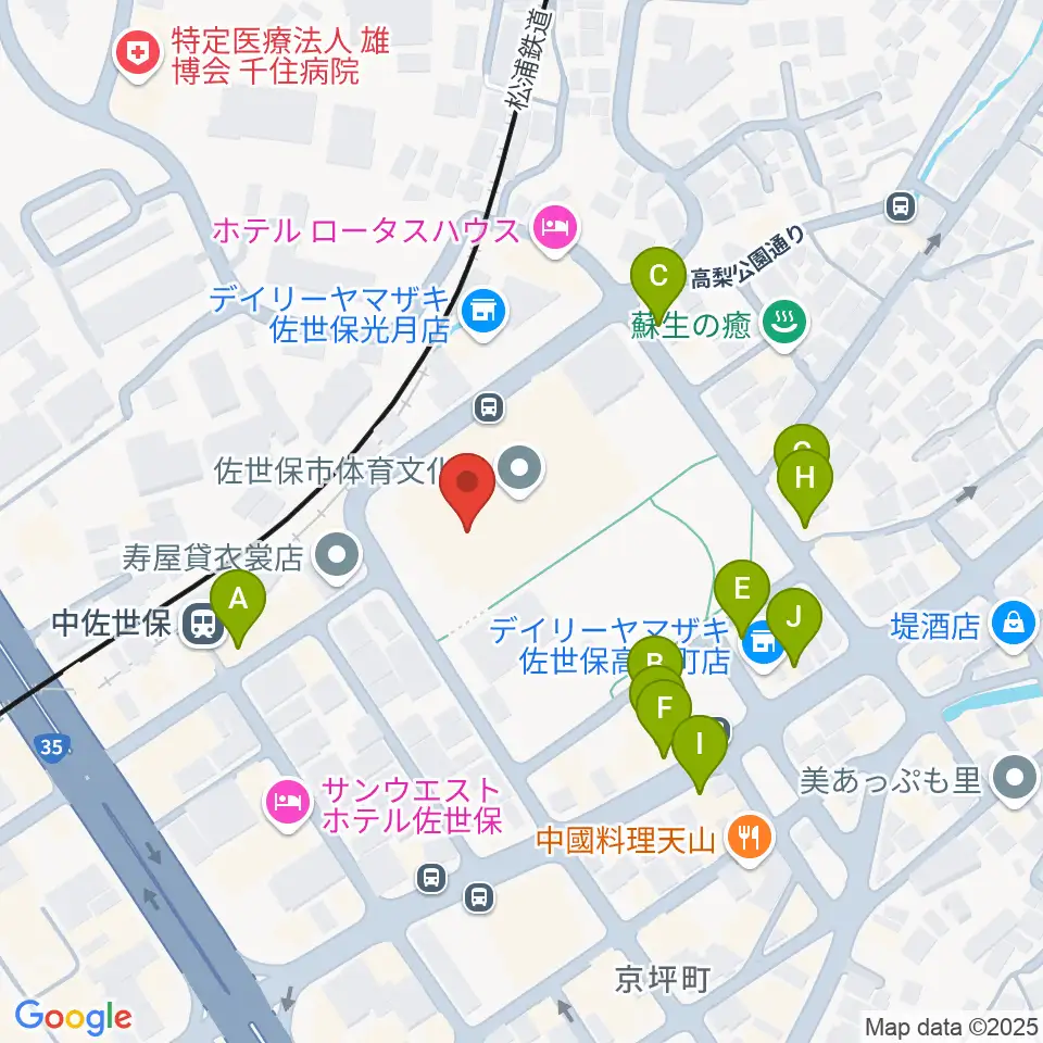 佐世保市体育文化館周辺のファミレス・ファーストフード一覧地図
