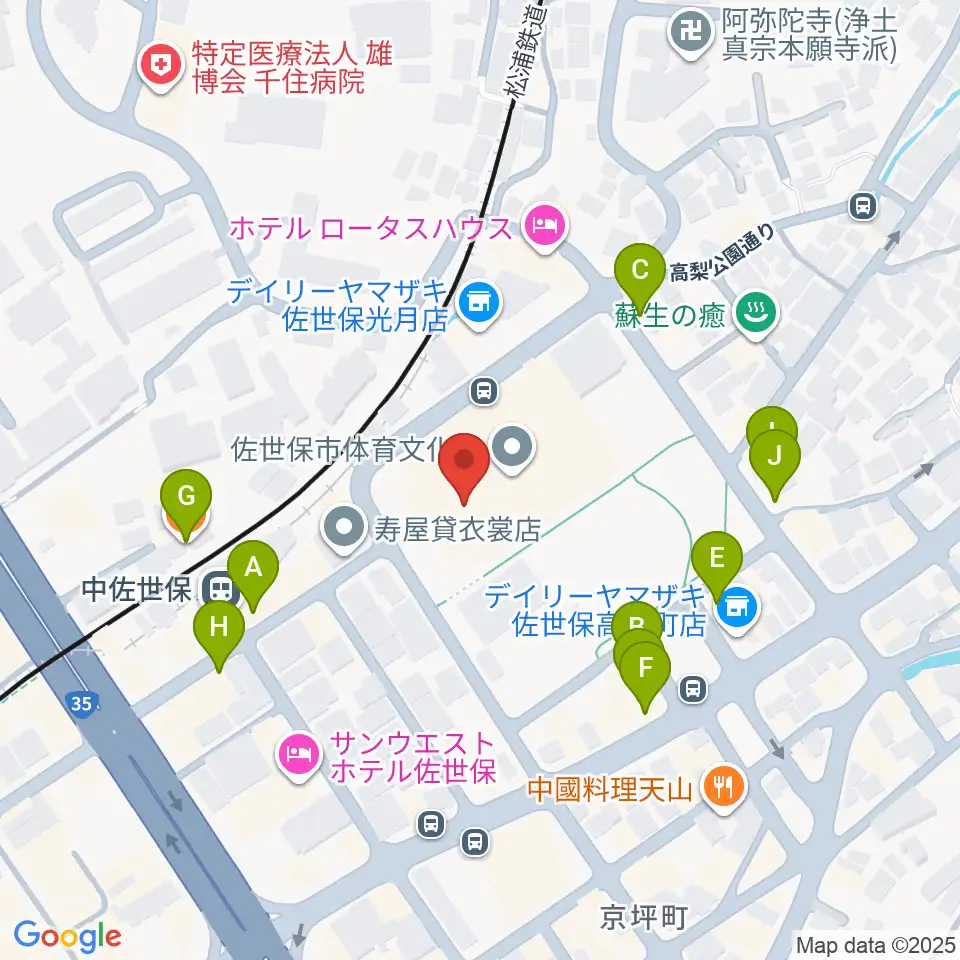 佐世保市体育文化館周辺のファミレス・ファーストフード一覧地図