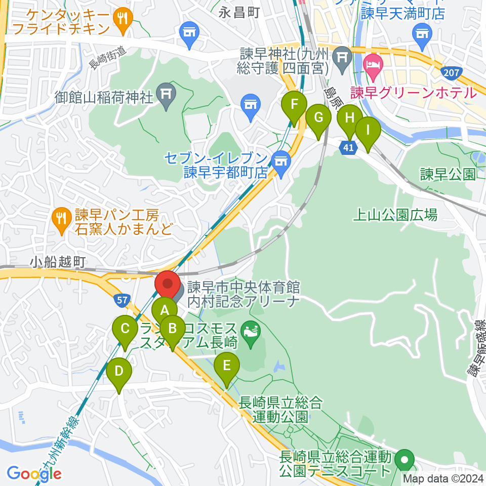 諫早市中央体育館・内村記念アリーナ周辺のファミレス・ファーストフード一覧地図