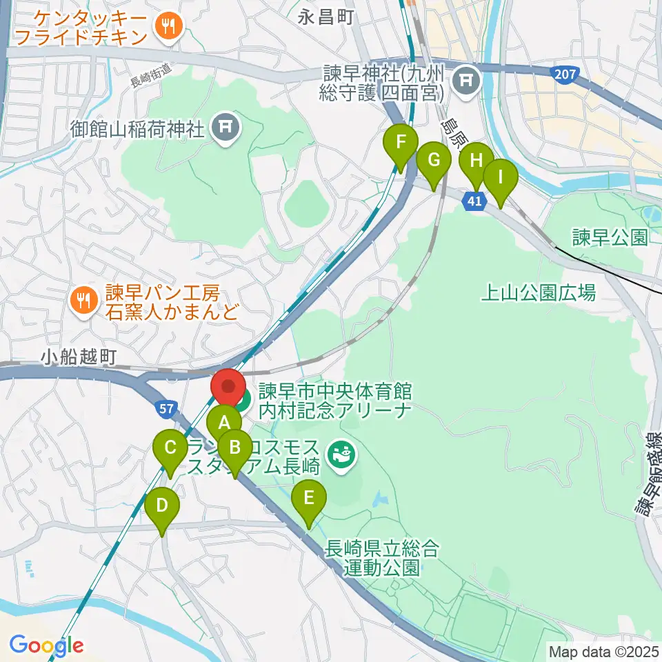 諫早市中央体育館・内村記念アリーナ周辺のファミレス・ファーストフード一覧地図