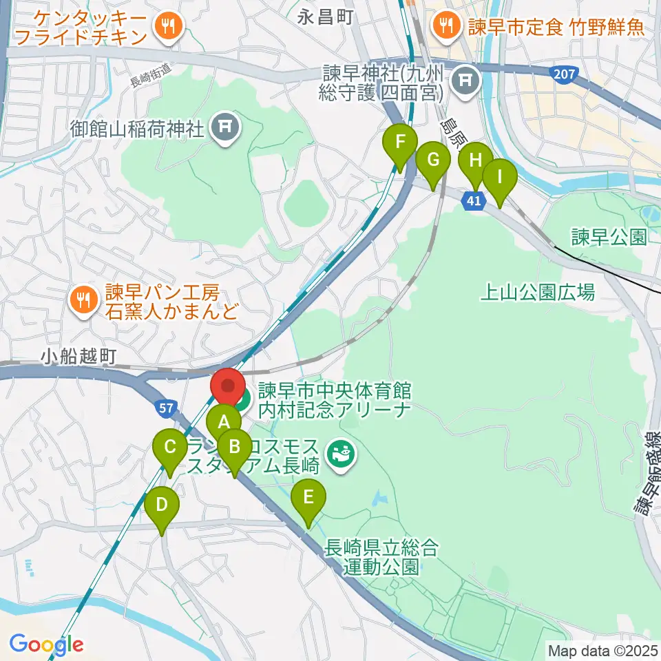 諫早市中央体育館・内村記念アリーナ周辺のファミレス・ファーストフード一覧地図