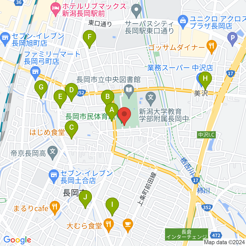 長岡市市民体育館周辺のファミレス・ファーストフード一覧地図