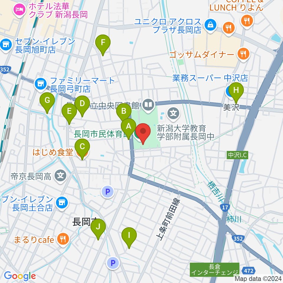 長岡市市民体育館周辺のファミレス・ファーストフード一覧地図