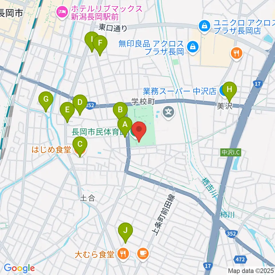 長岡市市民体育館周辺のファミレス・ファーストフード一覧地図