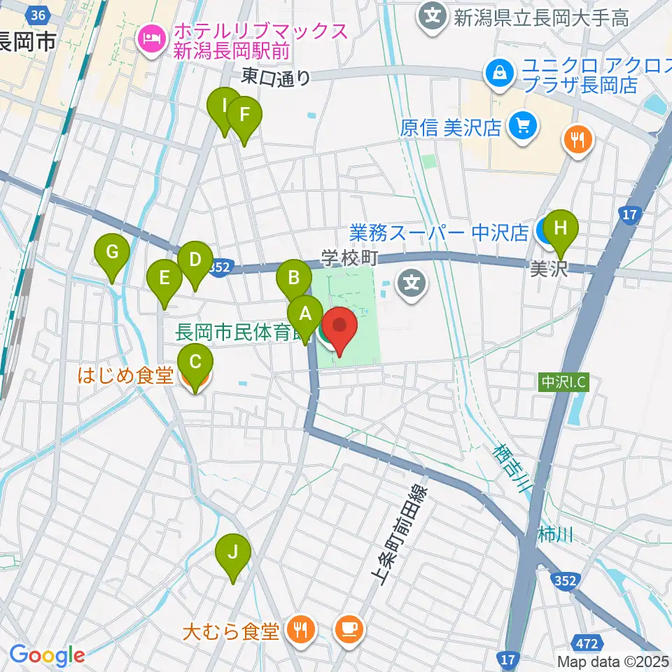 長岡市市民体育館周辺のファミレス・ファーストフード一覧地図