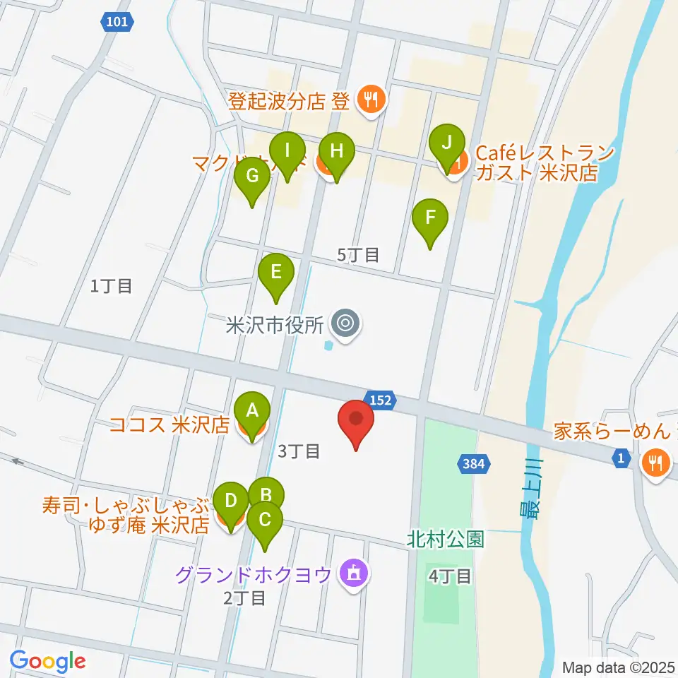 米沢市営体育館周辺のファミレス・ファーストフード一覧地図